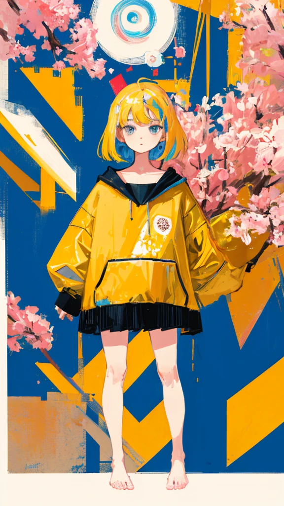 (shape: giant gram), (flat color:0.9),(colorful:1.1),(masterpiece:1,2), highest quality, masterpiece, High resolution, original, highly detailed wallpaper, looking at the viewer,,,1 girl,alone,Basquiat style,cherry blossoms,small person,Background center,barefoot