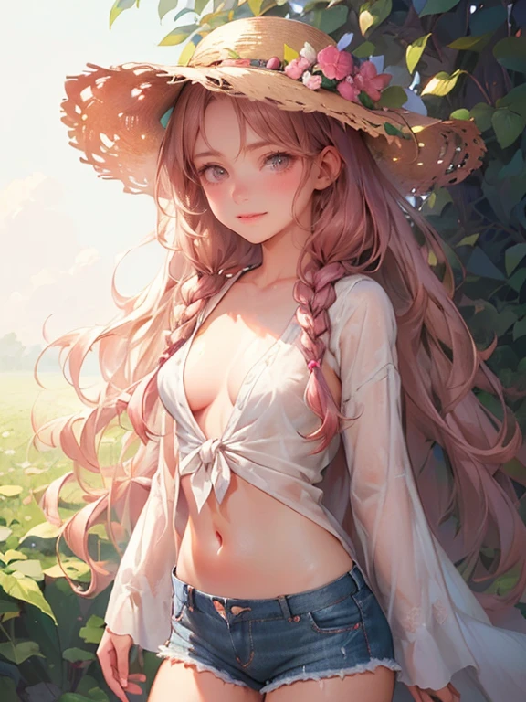 (masterpiece:1.2, best quality:1.2), 8k, CG, photorealistic:1.37, super fine illustration, light particles, ultra-detailed, 8K wallpaper, (bright colors:1.2), solo, (little cute girl), medium breasts, red medium hair, disheveled hair, curly hair, side braid, shiny hair, shiny skin, oily skin, delicate linestailed face, (beautiful pink eyes, shiny eyes), straw hat, in open shirt and denim shorts, (tie  an open shirt above the navel):1.4, affectionate smile, blush cheeks, outdoor, meadow, (livestock), wooden fence, standing, morning, sunlight,