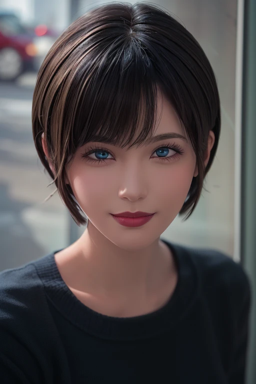 (masterpiece:1.3), (8k, photorealistic, RAW photo, best quality: 1.4), (1girl), beautiful face, (realistic face), (black hair, short hair:1.3), beautiful hairstyle, realistic eyes, beautiful detailed eyes, (realistic skin), beautiful skin, (sweater), absurdres, attractive, ultra high res, ultra realistic, highly detailed, golden ratio, blue eyes, short hair with bangs style bob, smile, lipstick black 