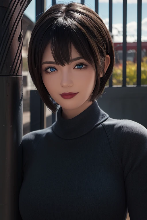 (masterpiece:1.3), (8k, photorealistic, RAW photo, best quality: 1.4), (1girl), beautiful face, (realistic face), (black hair, short hair:1.3), beautiful hairstyle, realistic eyes, beautiful detailed eyes, (realistic skin), beautiful skin, (sweater), absurdres, attractive, ultra high res, ultra realistic, highly detailed, golden ratio, blue eyes, short hair with bangs style bob, smile, lipstick black 