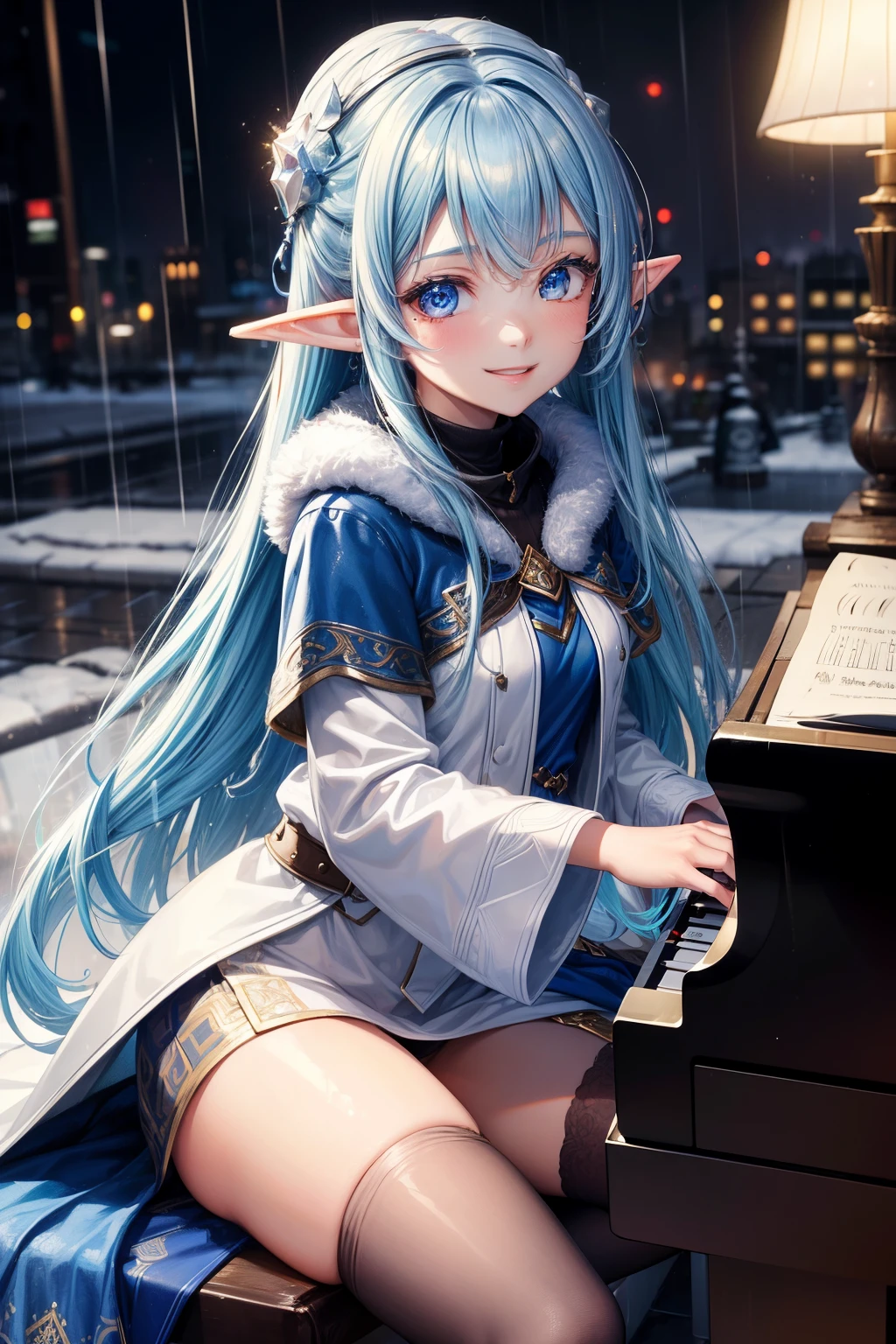 1girl, ((high quality)),((masterpiece)), winter clothes, elf , blue light skin , Avatar girl, brown messy hair, city, party, cute,sexy, smile,rain vibe,ice ,🪻,🌧️,☄️, playing on piano