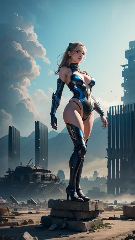 a beautiful cyborg woman standing on top of a pile of rubble ,wears swimsuit shiny armor , cyborg - girl, beutiful girl cyborg, beautiful cyborg girl pinup, hyperrealistic fantasy art, beutiful white girl cyborg, , sci-fi fantasy art, detailed sci-fi art, Atmosphere ruins of the building behind oil painting background