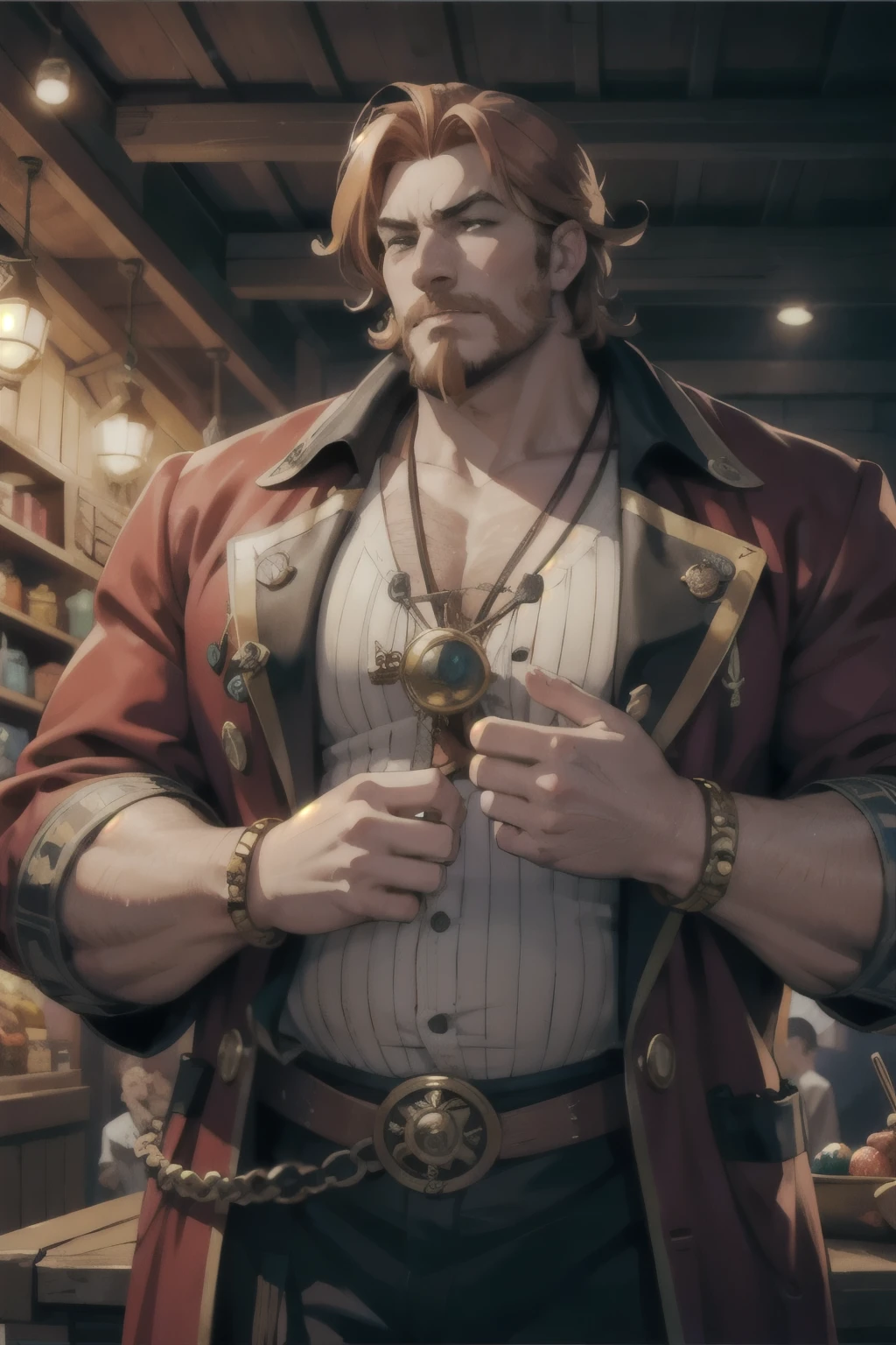 very large and fat man, strawberry blonde hair, short hair, goatee, pirate, eye monocle, covered in jewels, in a pirate market