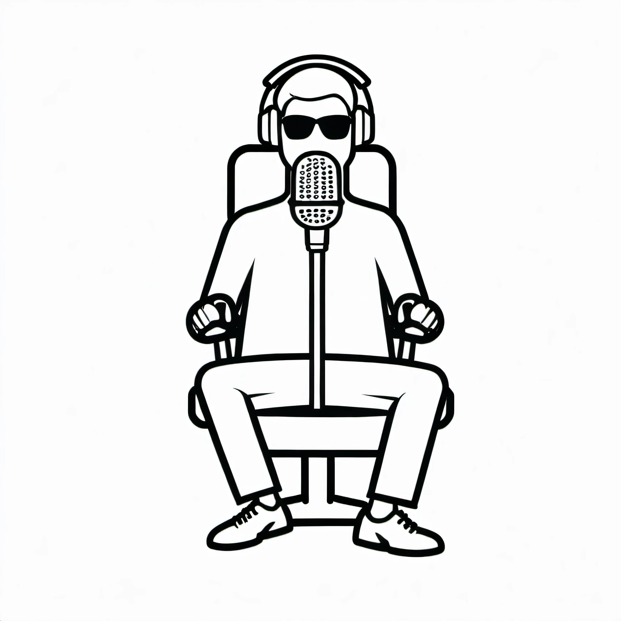 comic mann mit mikrofon, podcast, sitzend auf stuhl, frontal, viele details, schwarze Lineart, Solid white background, monochrome