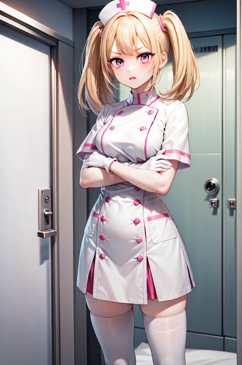 1girl, solo, nurse, nurse cap, white nurse uniform, ((white legwear, zettai ryouiki)), white gloves, twintails, yellow hair, purple eyes, angry, crossed arms, standing, ((hospital room)), sharp outline, short sleeves, best quality, masterpiece