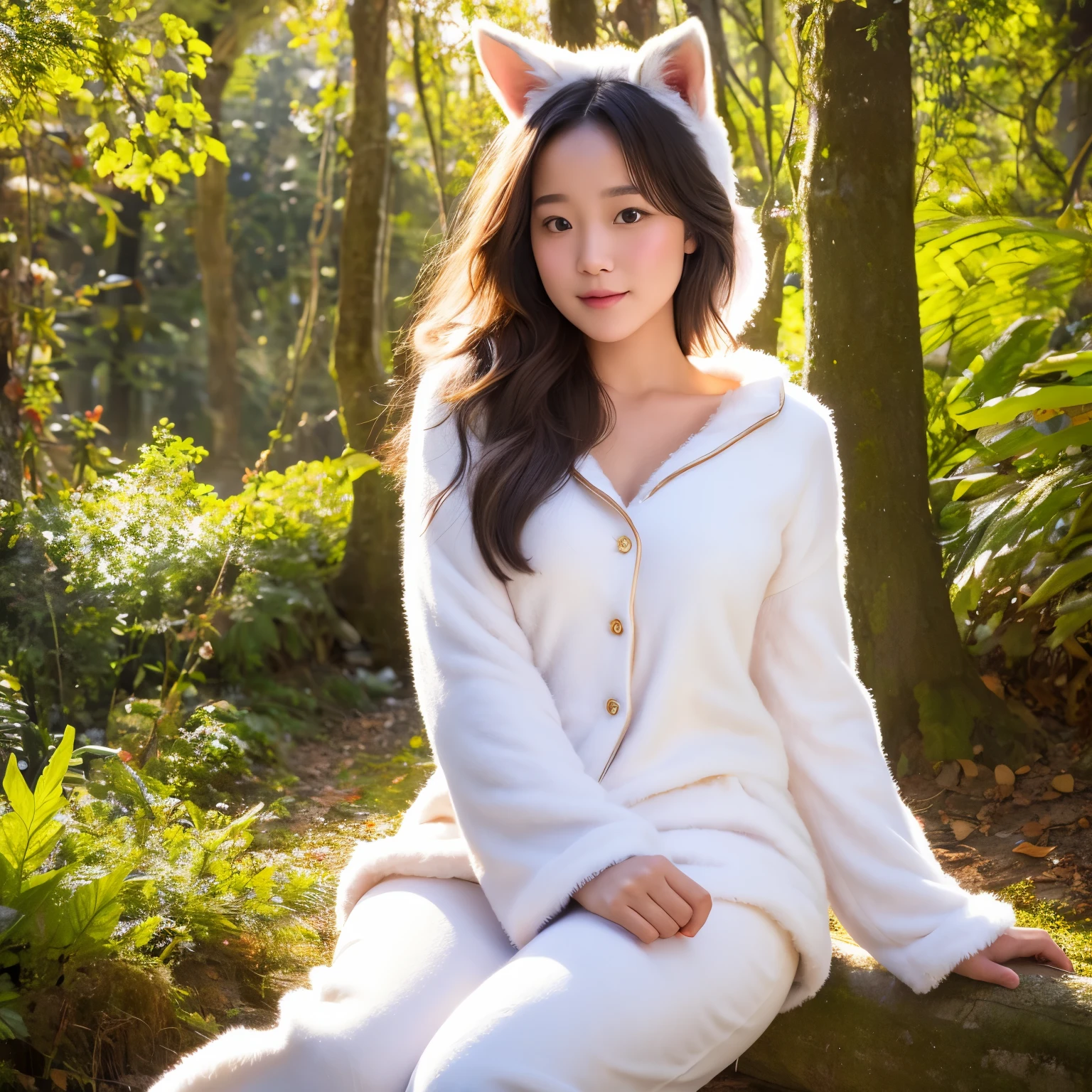 A professional high-quality photo, in 4K resolution, captures in realistic detail a charming girl in a fluffy white pajama with ears and foxtail. She is sitting in the middle of an enchanted forest, where every element is portrayed to perfection. The textures of the pajamas, ears and tail are sharp and palpable. Sunlight falls on the leaves and gently illuminates the girl's face, highlighting each delicate and charming expression
