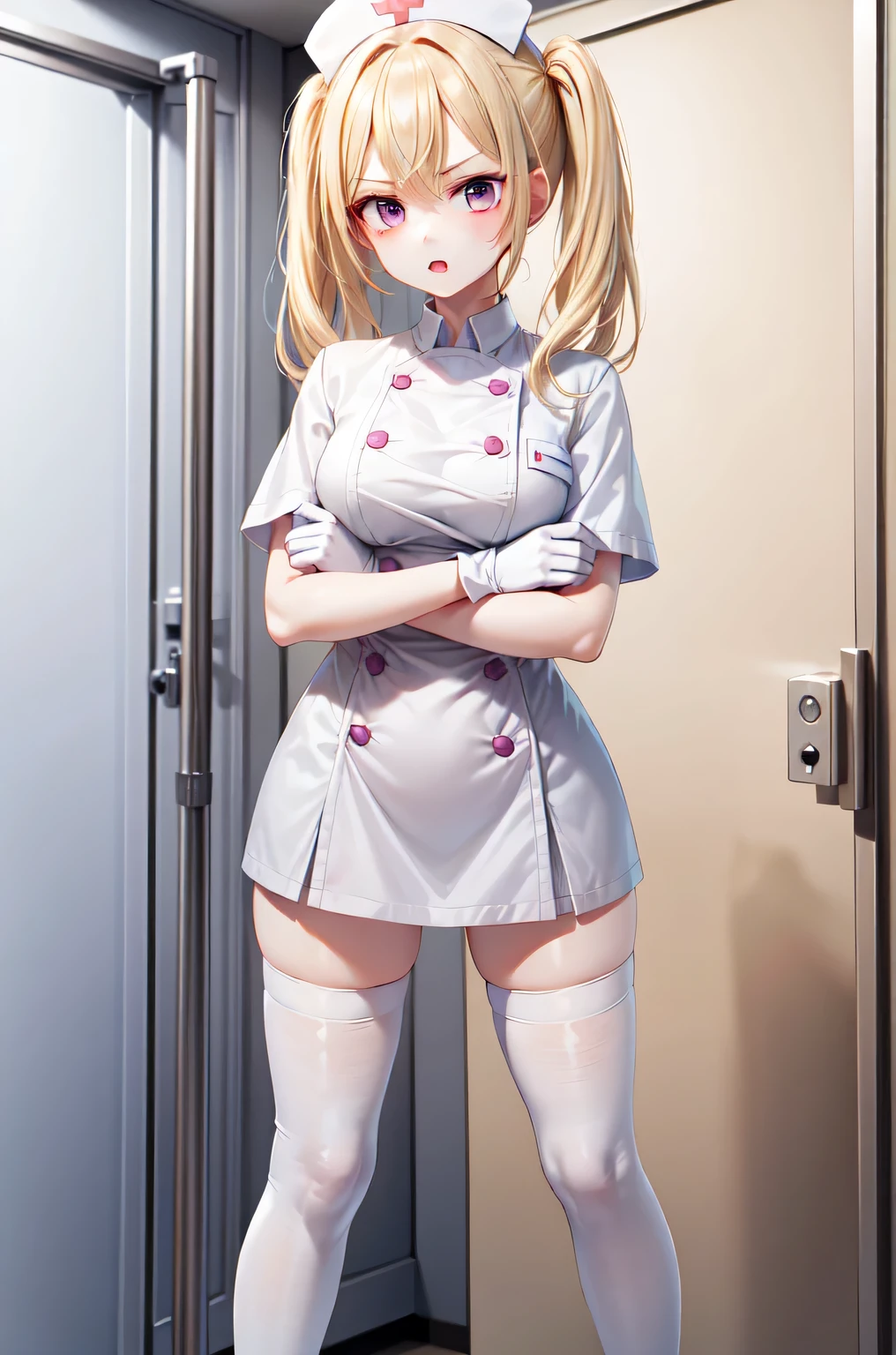 1girl, solo, nurse, nurse cap, white nurse uniform, ((white legwear, zettai ryouiki)), white gloves, twintails, yellow hair, purple eyes, angry, crossed arms, standing, ((hospital room)), sharp outline, short sleeves, best quality, masterpiece