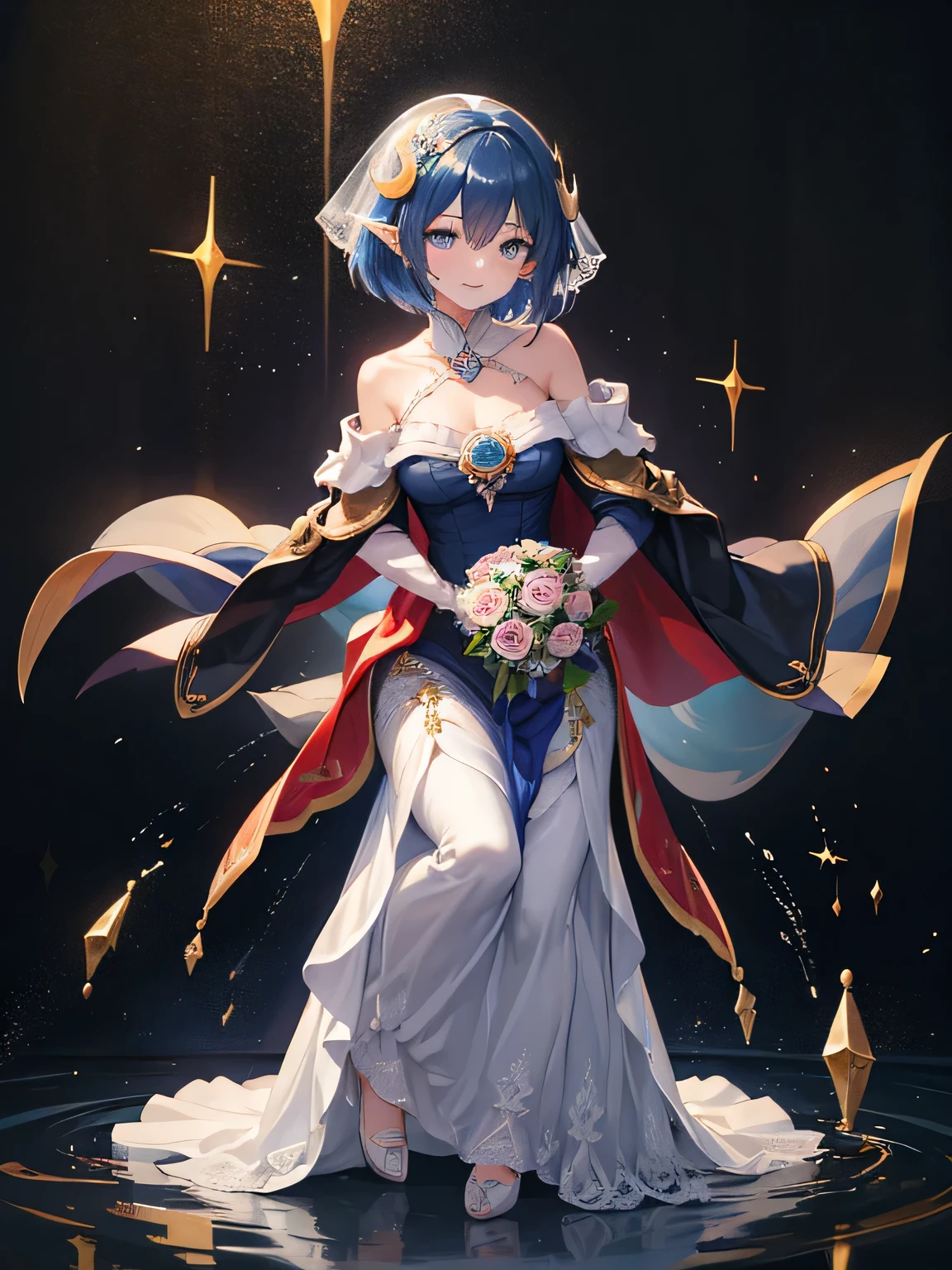 1girl,solo,(blue dress:1.1),(Mermaid-Line wedding dress:1.2), masterpiece,best quality,Ultra high definition eyes,8k,(Beautiful detailed eyes:1.1),(Fine and beautiful eyes:1:1),finely detail,extremely CG, absurdres,high resolution,illustration,Detailed and beautiful outlines,finely detail,high resolution,(colorful refraction:1.4,Increase saturation:1.2),beautiful lighting,dynamic lighting,closed room,black background,simple background, full body, (short hair),cold shoulder, smile,looking at viewer,standing,beautiful fingers,medium breasts,crescent hair ornament, red cape, blue skirt,peaceful expression,