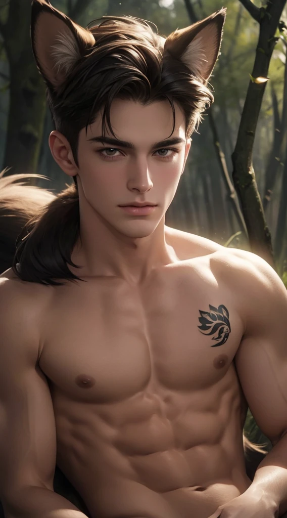 4k, high resolution, best quality, masterpiece, perfect color, perfect shade, perfect lighting, Posted by e621, ((portrait)), ((handsome man)), perfect male figure, Short hair details，Naked torso，Detailed face, perfect face, (stood up), Detailed background, ((Bonifasco Lighting)), (delicate eyes),(animal ears：dog)，((big fluffy tail))，tattoo，((forest))，emaciated