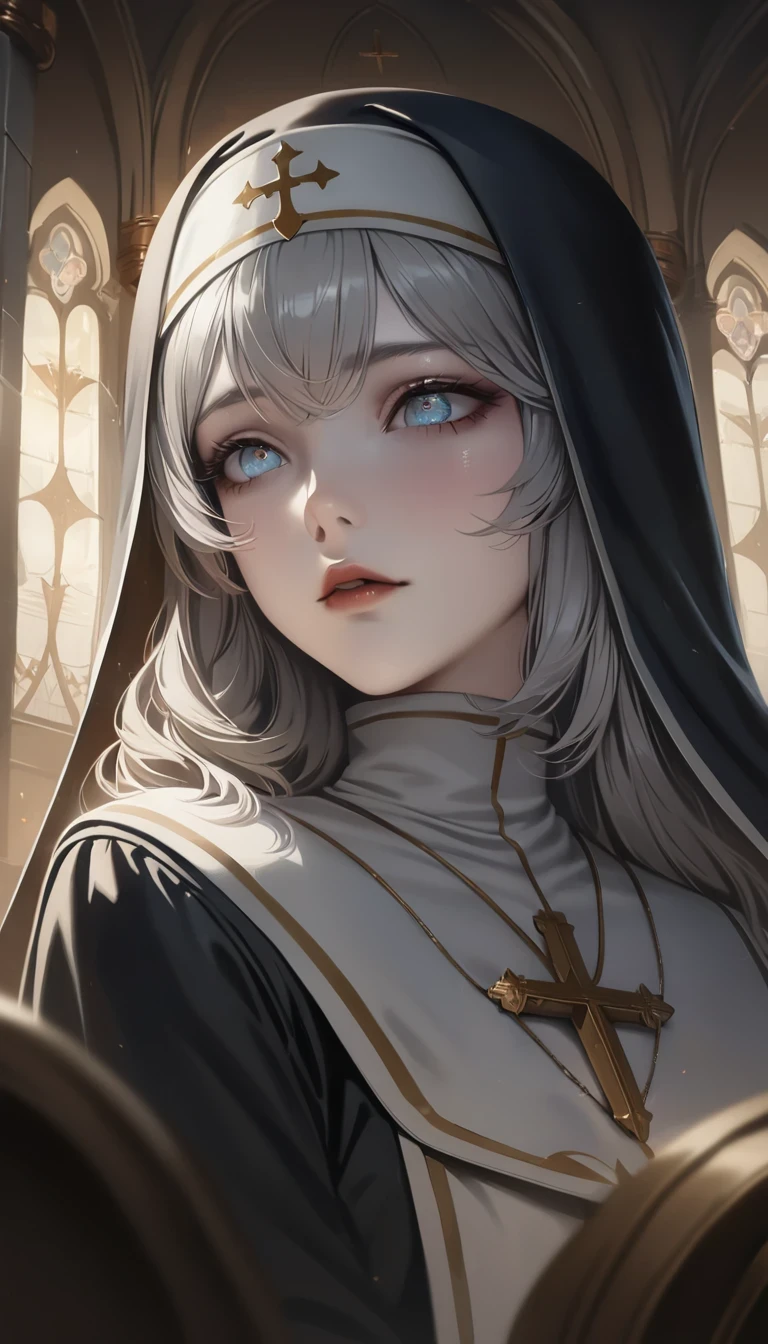 A girl dressed as a nun, beautiful detailed eyes, beautiful detailed lips, extremely detailed eyes and face, long eyelashes, traditional nun attire, calm expression, kneeling in a church, soft and warm lighting, realistic oil painting, high-resolution (4k, 8k, or masterpiece:1.2), religious art style, warm and muted color tones.