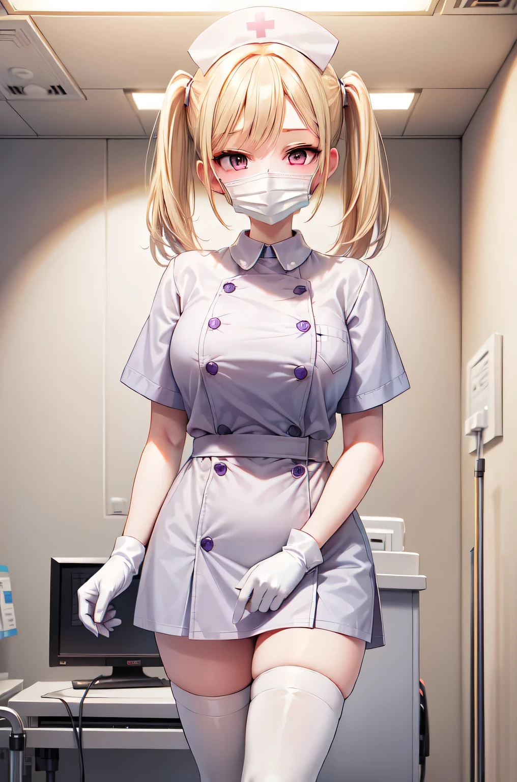 1girl, solo, nurse, nurse cap, white nurse uniform, ((white legwear, zettai ryouiki)), white gloves, twintails, yellow hair, purple eyes, ((white surgical mask, covered nose)), standing, ((hospital room)), sharp outline, short sleeves, best quality, masterpiece