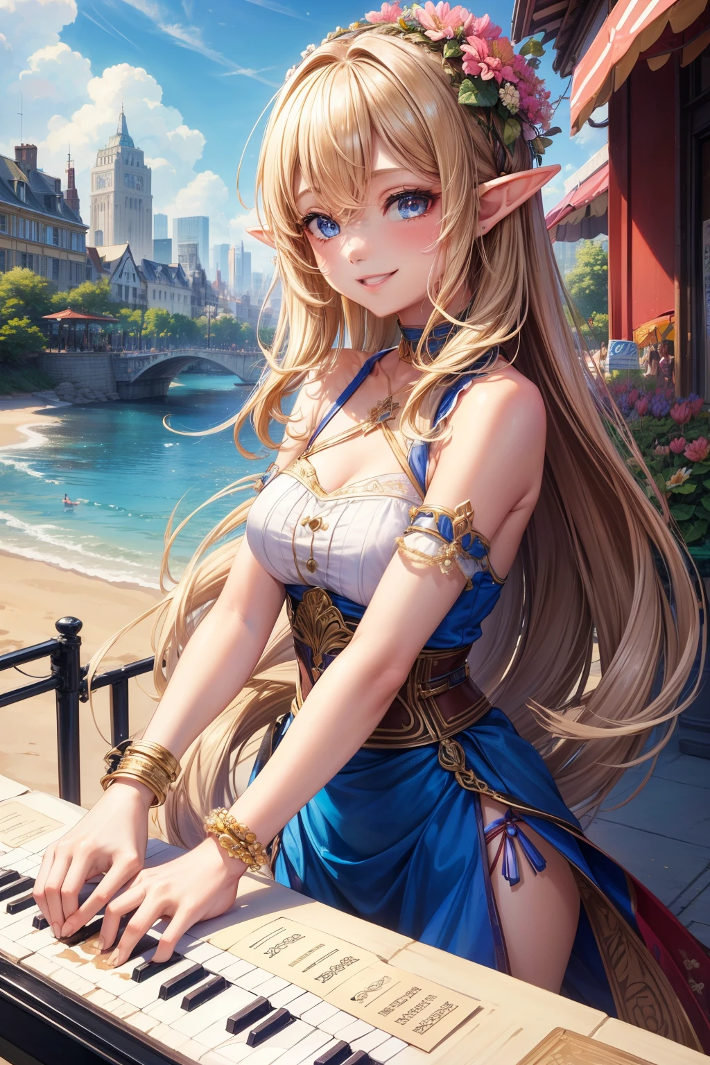 1girl, ((high quality)),((masterpiece)), summer clothes, elf　,  light skin　, Avatar girl, brown messy hair,　city, party, cute,sexy, smile, summer vibe,music ,🪻,🏵️💮🌸🪷🌷 , playing on piano , 