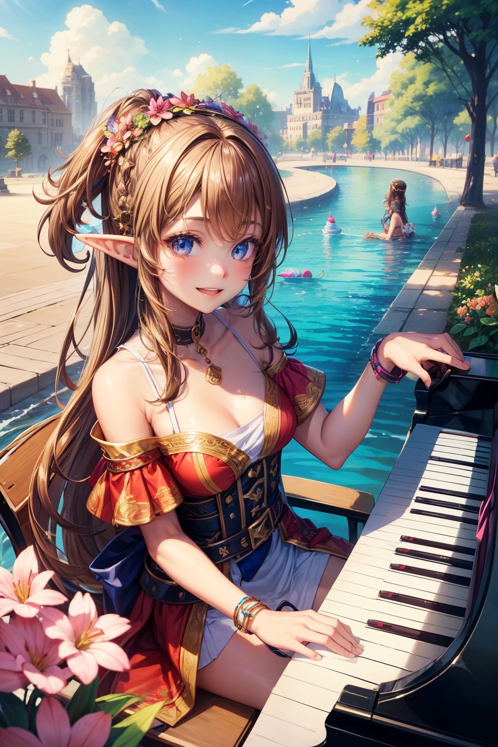 1girl, ((high quality)),((masterpiece)), summer clothes, elf , light skin , Avatar girl, brown messy hair, city, party, cute,sexy, smile, summer vibe,music ,🪻,🏵️💮🌸🪷🌷 , playing on piano ,