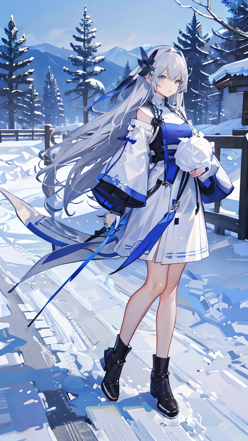 woman、gray hair、snow、light blue、long hair、white clothes、fullbody、standing、blue eyes、