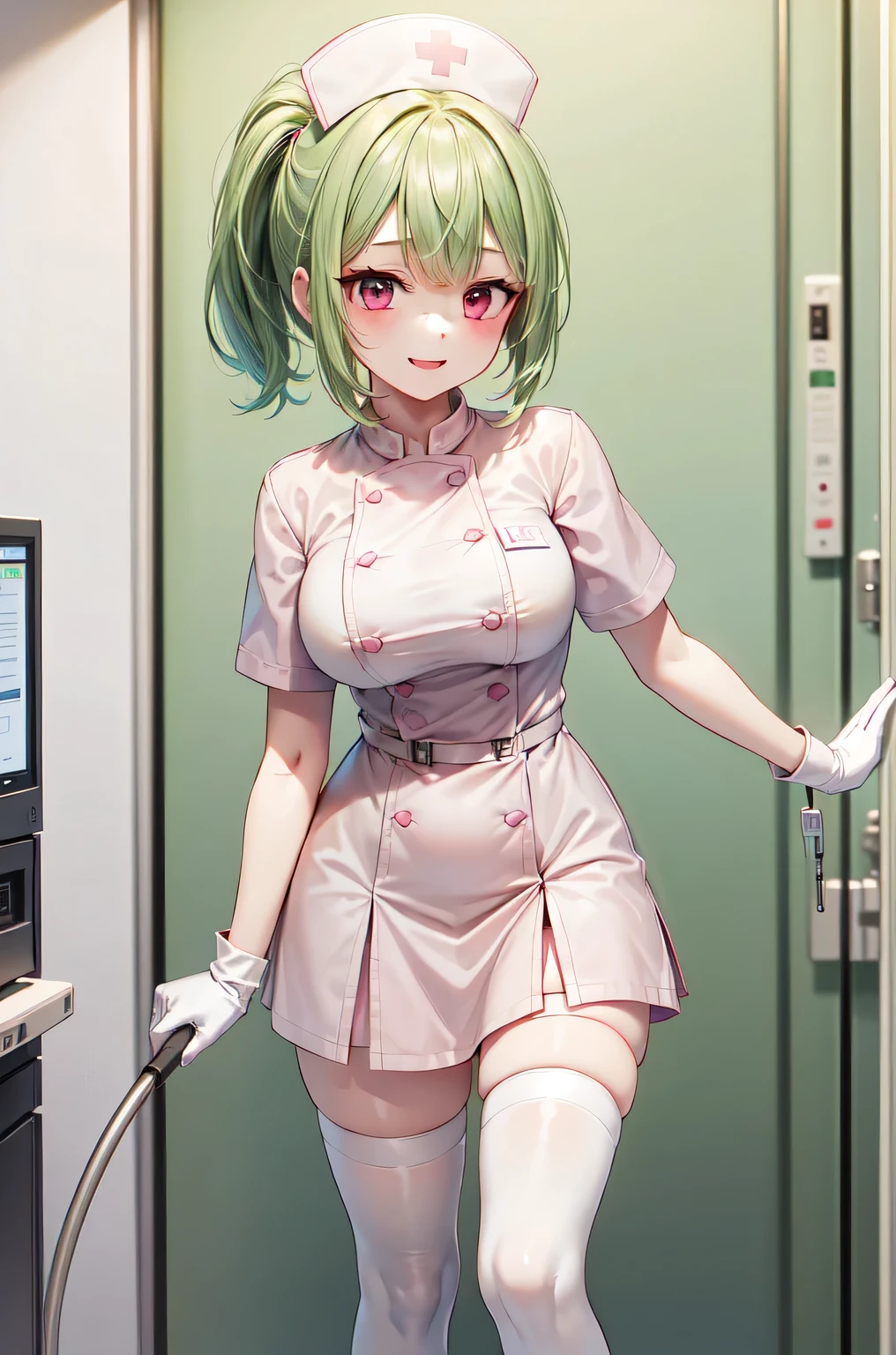 1girl, solo, nurse, nurse cap, white nurse uniform, ((white legwear, zettai ryouiki)), white gloves, ponytail, green hair, pink eyes, smile, standing, ((hospital room)), sharp outline, short sleeves, best quality, masterpiece