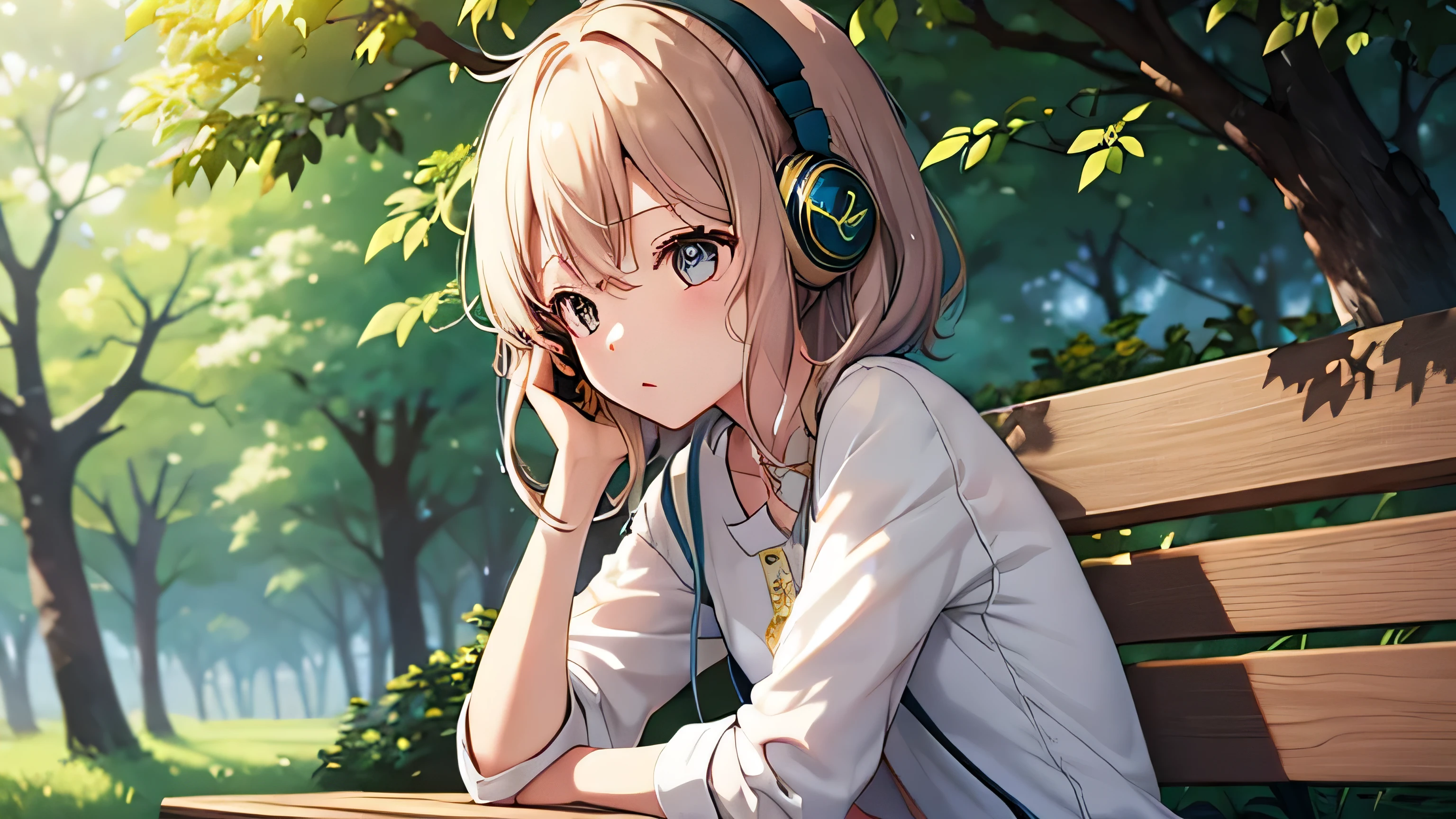 A beautiful girl sitting in the shade of a tree and reading a book　bench　nature　shade of a tree　headphone
