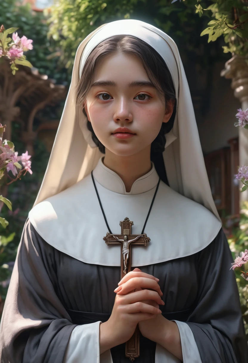1girl, nun, dark robes, holy cross, serene expression, peaceful garden, soft sunlight, quiet atmosphere, sacred surroundings, (best quality, 4k, 8k, highres, masterpiece:1.2), ultra-detailed, painting-like, soft pastel colors, gentle lighting, aesthetic