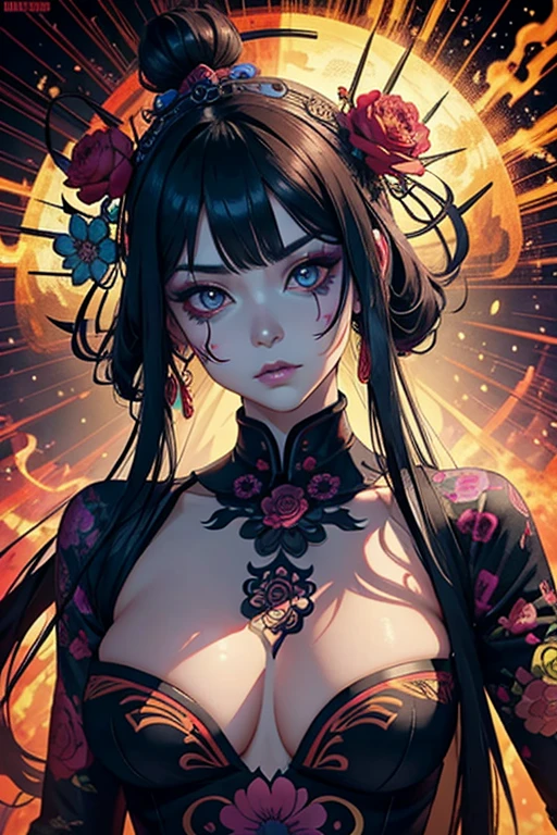 in psychedelic and Chinese style a representation of the Day of the Dead on a beautiful female face ,magnificent and detailed. Viel Textur und eine Wirbelwind-Explosion von dunklem Pulver im Hintergrund, Gehobenes 8k