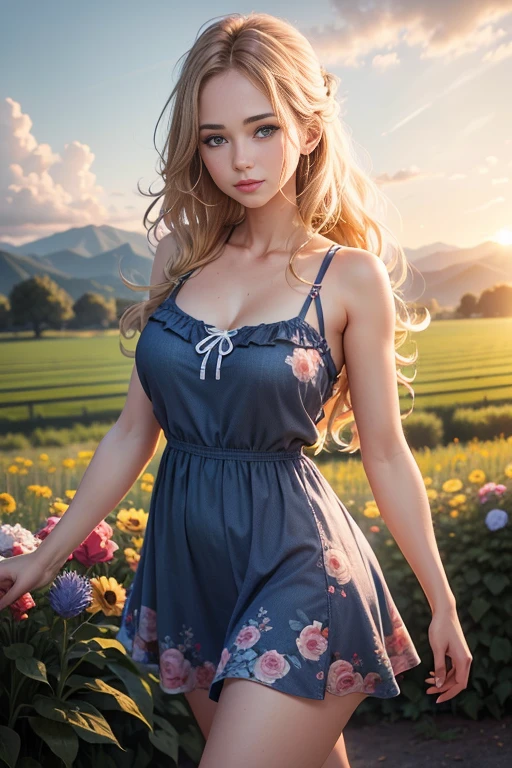 sexy farm girl standing farmer's field, wavy blonde hair, athletic and fit body, colorful blue floral tight summer dress, pretty, flirty, sexy, naughty, posing, hands behind back, large with hard , sunset, realistic, HDR, UHD, dynamic