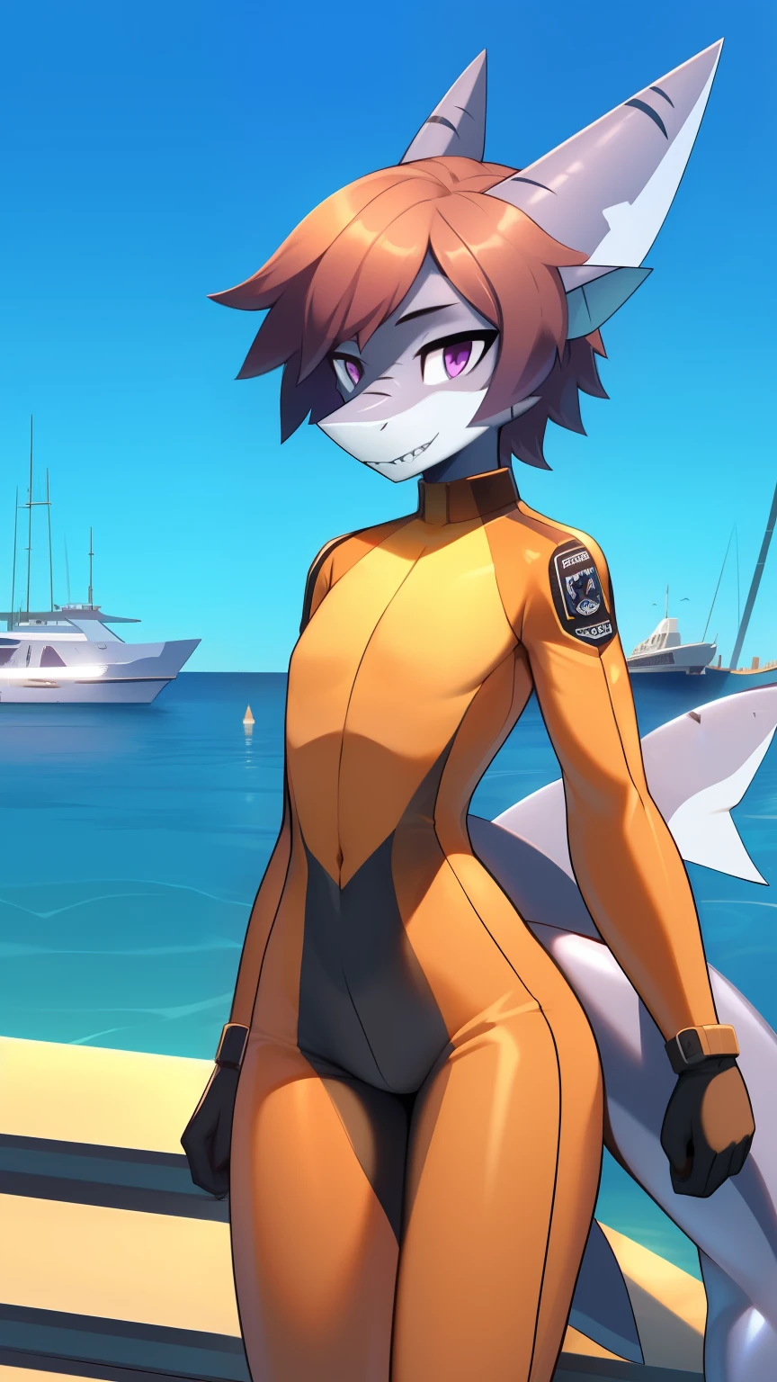 Best quality, Super detailed illustration, Warm tones, perfect lighting, perfect detail, (anthro shark boy:1.4), feminine body, disheveled thick hair, dressed in a diving suit, Tricky glance, against the background of the harbor ,femboy ,small waist, wide hips, slim, perfect body, style &quot;DND&quot;