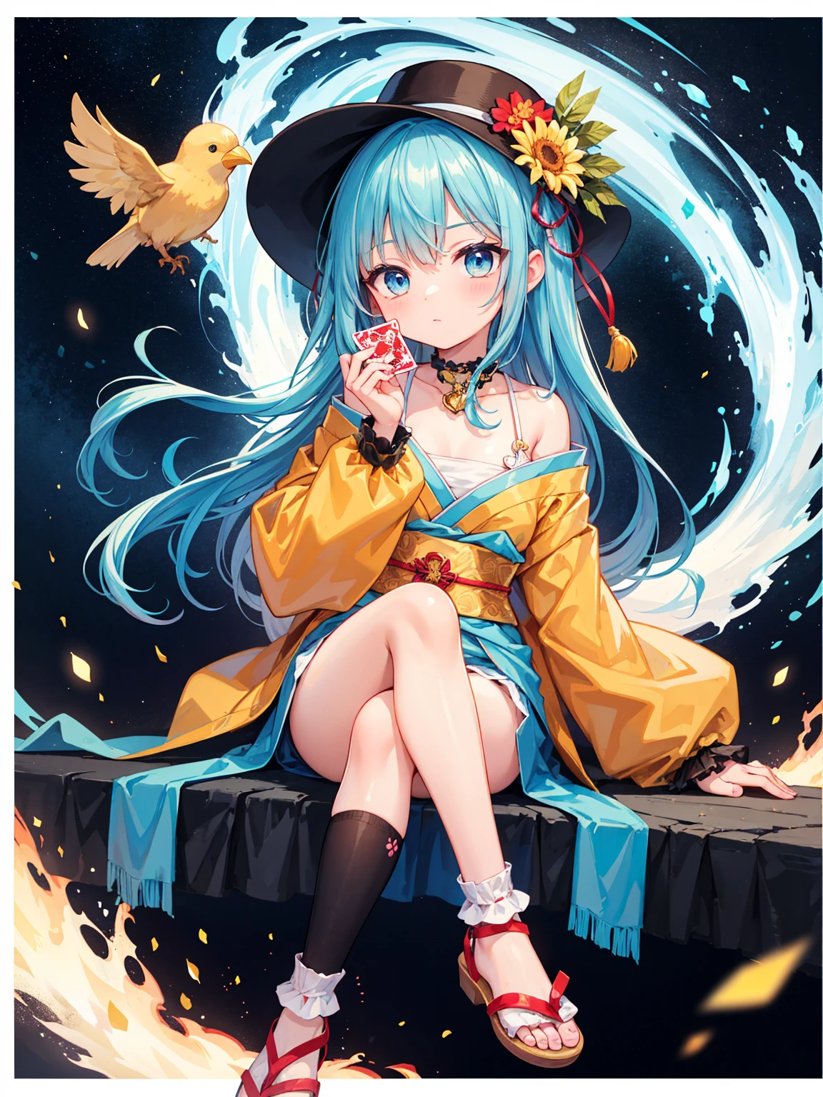 a stylized, vibrant character that appears to be from a card-based game or an anime series. The character has a youthful, whimsical appearance with big, expressive blue eyes and short, straight light blue hair with a flower hairpiece tucked into the left side. The hairpiece features a large red flower with green leaves. The character's attire is an eclectic mix of fantasy and traditional Japanese elements, with a predominance of green. They wear a green hat that matches their outfit, along with a blue and green ribbon bow tied around the neck. The clothing includes a green top with fringes at the bottom and what appears to be a long, flowing, golden sash or ribbon that cascades down from the waist. The sleeves are long and detached from the main outfit, exposing the shoulders, and have a similar fringe decoration at the ends. In the character's lap sits a plush toy, which resembles a yellow, chubby bird with big round eyes and a small orange beak. The character's legs are crossed, and they're wearing brown sandals with blue straps, which are secured over white, ankle-high tabi socks. The background is elaborate, featuring a hexagonal purple border with intricate designs, as well as flames, possibly indicating a magical or energetic essence. Surrounding the character are floating playing cards, suggesting themes of magic or fantasy. The overall feel of the image is vibrant, playful, and rich with pattern and color.