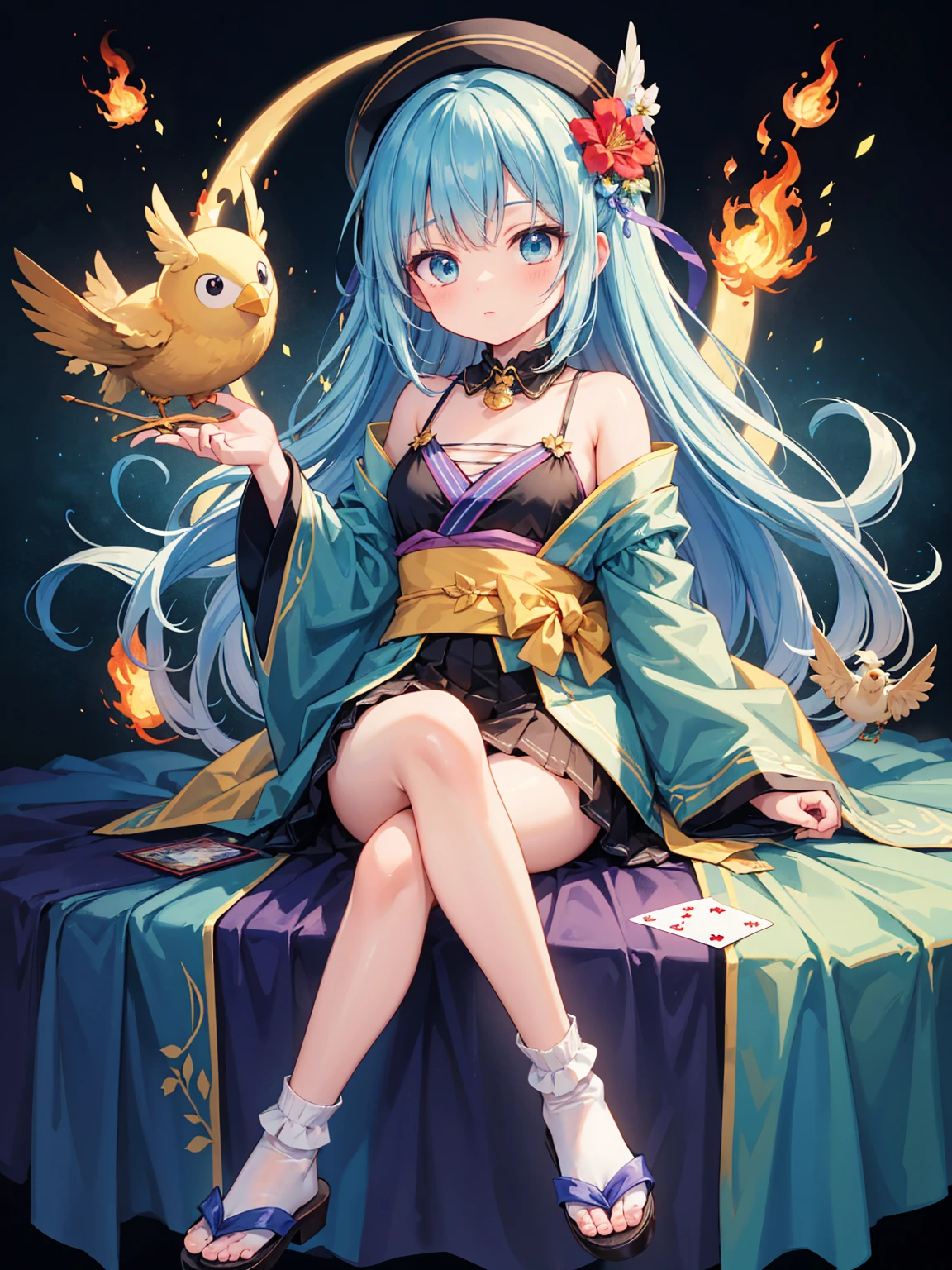 a stylized, vibrant character that appears to be from a card-based game or an anime series. The character has a youthful, whimsical appearance with big, expressive blue eyes and short, straight light blue hair with a flower hairpiece tucked into the left side. The hairpiece features a large red flower with green leaves. The character's attire is an eclectic mix of fantasy and traditional Japanese elements, with a predominance of green. They wear a green hat that matches their outfit, along with a blue and green ribbon bow tied around the neck. The clothing includes a green top with fringes at the bottom and what appears to be a long, flowing, golden sash or ribbon that cascades down from the waist. The sleeves are long and detached from the main outfit, exposing the shoulders, and have a similar fringe decoration at the ends. In the character's lap sits a plush toy, which resembles a yellow, chubby bird with big round eyes and a small orange beak. The character's legs are crossed, and they're wearing brown sandals with blue straps, which are secured over white, ankle-high tabi socks. The background is elaborate, featuring a hexagonal purple border with intricate designs, as well as flames, possibly indicating a magical or energetic essence. Surrounding the character are floating playing cards, suggesting themes of magic or fantasy. The overall feel of the image is vibrant, playful, and rich with pattern and color.