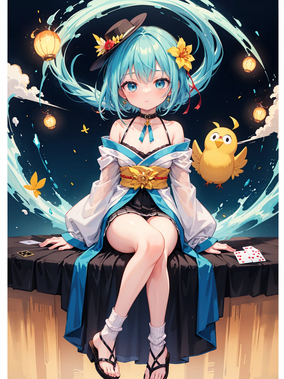 a stylized, vibrant character that appears to be from a card-based game or an anime series. The character has a youthful, whimsical appearance with big, expressive blue eyes and short, straight light blue hair with a flower hairpiece tucked into the left side. The hairpiece features a large red flower with green leaves. The character's attire is an eclectic mix of fantasy and traditional Japanese elements, with a predominance of green. They wear a green hat that matches their outfit, along with a blue and green ribbon bow tied around the neck. The clothing includes a green top with fringes at the bottom and what appears to be a long, flowing, golden sash or ribbon that cascades down from the waist. The sleeves are long and detached from the main outfit, exposing the shoulders, and have a similar fringe decoration at the ends. In the character's lap sits a plush toy, which resembles a yellow, chubby bird with big round eyes and a small orange beak. The character's legs are crossed, and they're wearing brown sandals with blue straps, which are secured over white, ankle-high tabi socks. The background is elaborate, featuring a hexagonal purple border with intricate designs, as well as flames, possibly indicating a magical or energetic essence. Surrounding the character are floating playing cards, suggesting themes of magic or fantasy. The overall feel of the image is vibrant, playful, and rich with pattern and color.