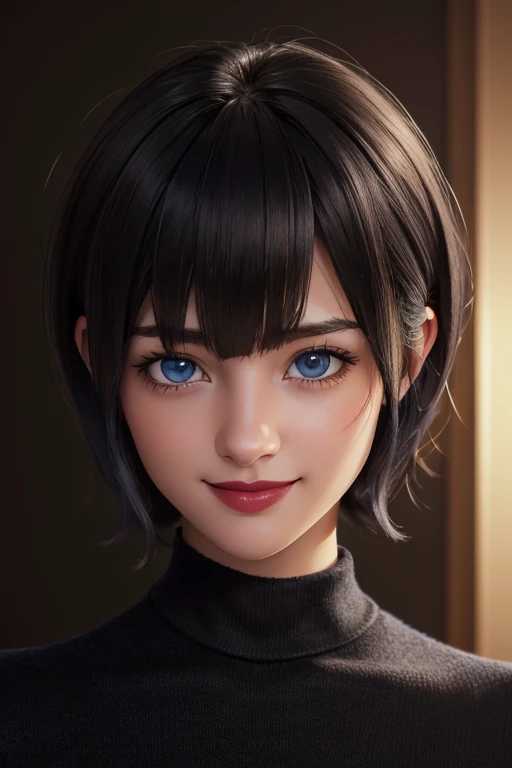 (masterpiece:1.3), (8k, photorealistic, RAW photo, best quality: 1.4), (1girl), beautiful face, (realistic face), (black hair, short hair:1.3), beautiful hairstyle, realistic eyes, beautiful detailed eyes, (realistic skin), beautiful skin, (sweater), absurdres, attractive, ultra high res, ultra realistic, highly detailed, golden ratio, blue eyes, short hair with bangs style bob, smile, lipstick black