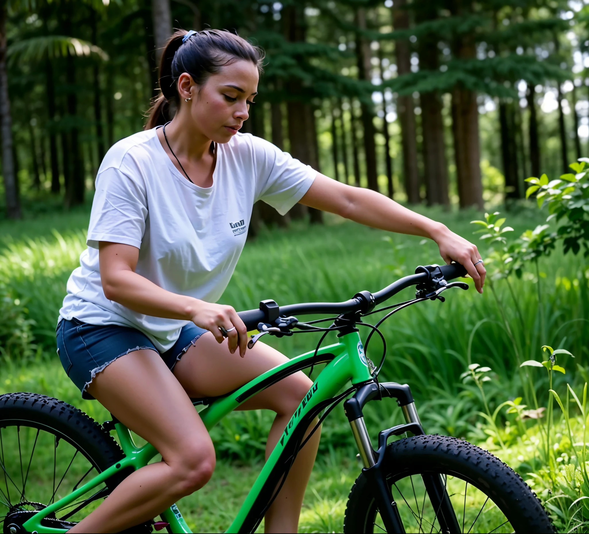 araffe woman Cavalgando a green bike in a wooded area, ao ar livre, foto de uma motociclista, Cavalgando a bike, Cavalgando, bicicleta, roupas esportivas, ambiente detalhado, ciclismo!!, bicicletas, se divertindo, 🤬 🤮 💕 🎀, 🚿🗝📝, na floresta verde, motivacional, protetor de tela, trying to ride it, especial