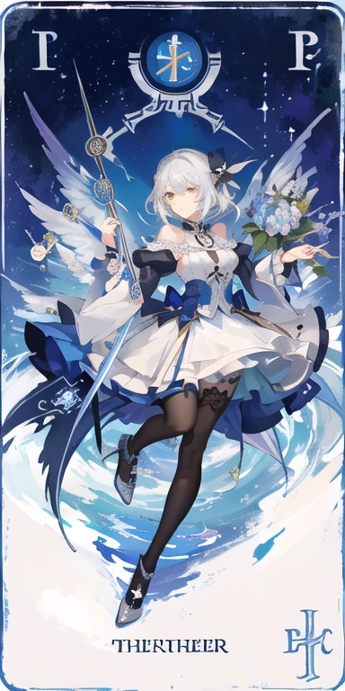 (the golden ratio:1.2),(Fault color:1.3),[(White background:1.4)::10],(full bodyesbian:1.2),(ultradetailed:1.3),(tarot cards:1.6),(paper:1.2),(angelicales:1.6),(angel wing:1.2),full bodyesbian,dangling,(cruel:1.2),(Long white hair),(butterfly hair ornaments),(Floral hair ornaments:1.0),((sandals,Locket)),(Colorful cocktail dress:1.0)+(Loose-fitting sleeved jacket:1.3)+(Fluttering colored tassels and ribbons:1.2 ),(Over-the-knee white stockings:1.2),(Colored ink paper flowers:1.2),(Sea of colorful flowers:1.3),(Chaotic geometry:1.3),(negative space:0.8),(Drawing board:1.3 ), (Etheric color ink flows:1.3),(Long sword in hand),(Masterpiece 2K)