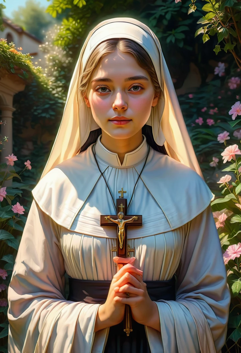 1girl, nun, dark robes, holy cross, serene expression, peaceful garden, soft sunlight, quiet atmosphere, sacred surroundings, (best quality, 4k, 8k, highres, masterpiece:1.2), ultra-detailed, painting-like, soft pastel colors, gentle lighting, aesthetic
