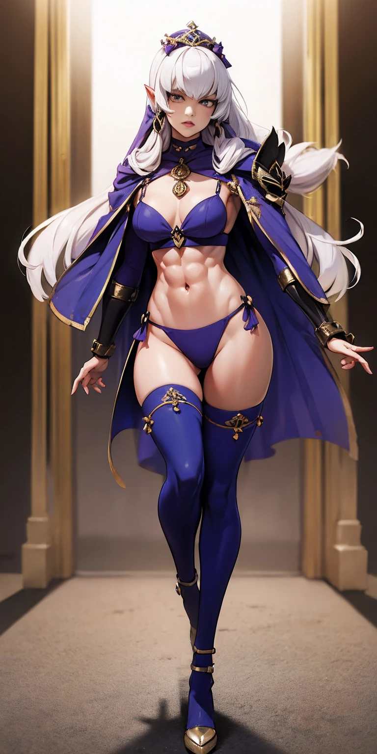 extremely long hair , ponytail, perfect anatomy 1 girl tall solo, slim thick, ((muscular)) high elf toned body, silver breast plate, blue cape, slendered abs, hourglass waist, detailed face, defined cheekbones, puffy lips, gauntlets, gold crown, shadow over eyes, looking at viewer, masterpiece, white thigh highs lingerie, high heels, clair pokemon