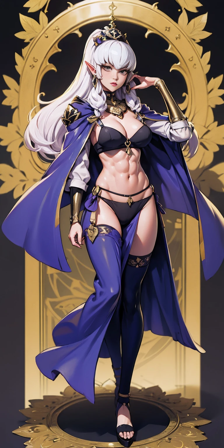 extremely long hair , ponytail, perfect anatomy 1 girl tall solo, slim thick, ((muscular)) high elf toned body, silver breast plate, blue cape, slendered abs, hourglass waist, detailed face, defined cheekbones, puffy lips, gauntlets, gold crown, shadow over eyes, looking at viewer, masterpiece, white thigh highs lingerie, high heels, clair pokemon