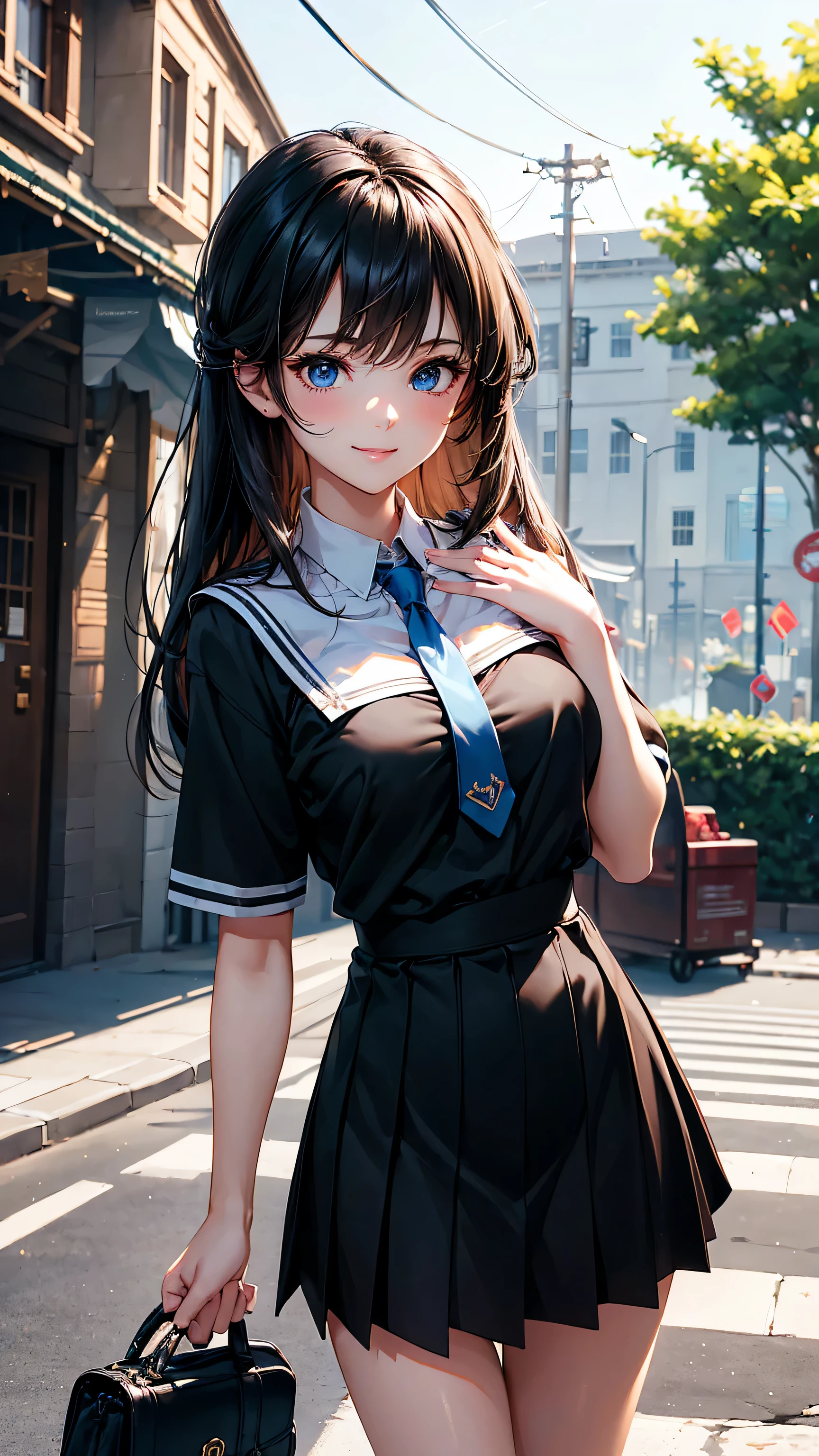 (best quality:1.3), (Complete details:1.5) , (Eye details:1.2), (Shadow details:1.2), (sharpness:4k), one young woman, College Girl, Very big breasts, Cup Bust:H, Student uniform, black short skirt, white shirt, Chest groove, bright blue eyes, sparkling eyes, brownish black hair, walking street background, wave hello, Smiling slightly, shy, long hair, long hair, cute, beautiful, Look at the audience., necktie, (hand details:1.8), (brightness:1.3), (Masterpiece:1.5)