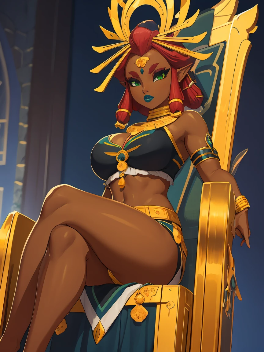 Big breasts, green eyes, dark blue lips, sitting on a throne, sexy legs, Riju