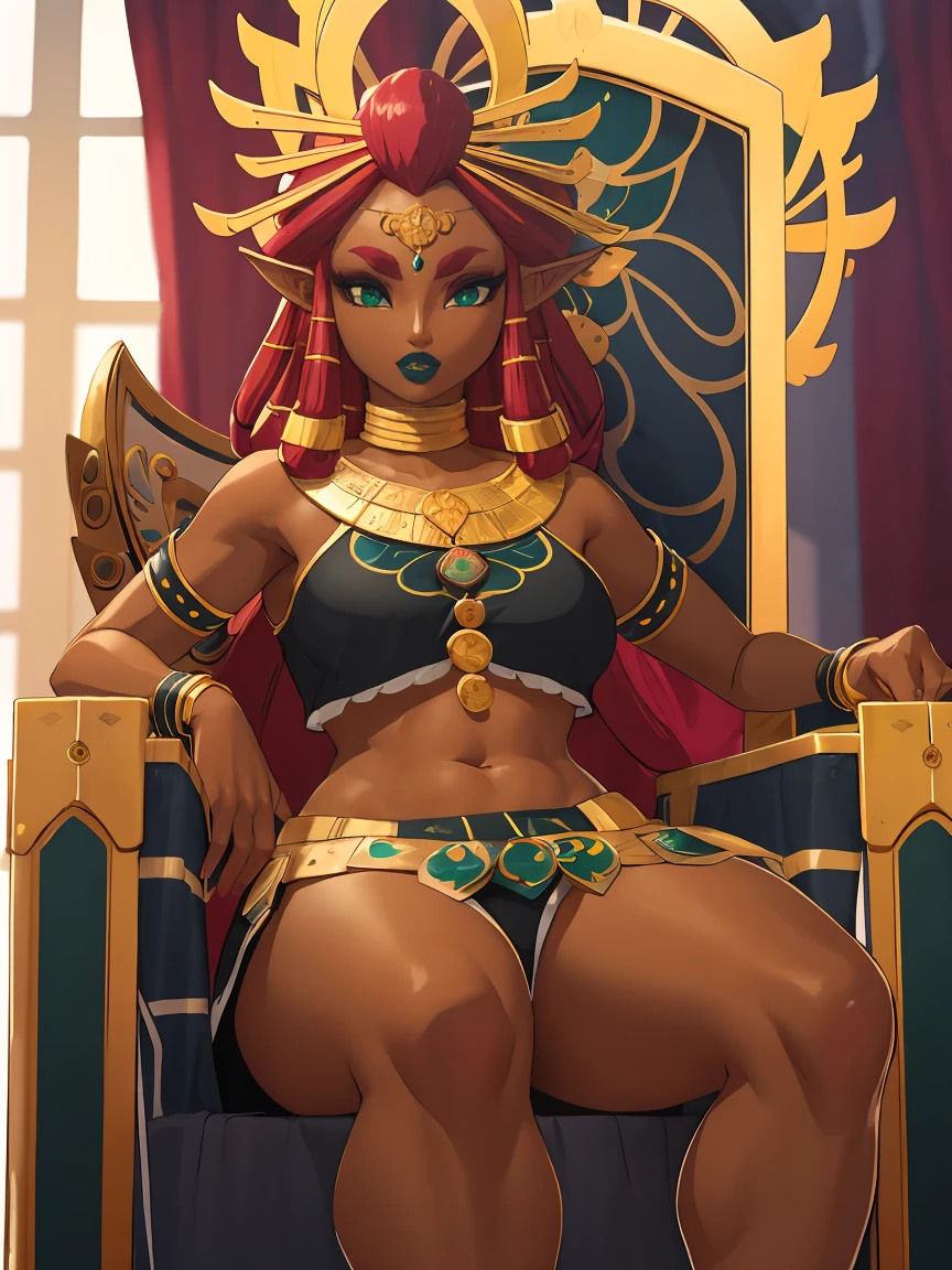 Big breasts, green eyes, dark blue lips, sitting on a throne, sexy legs, Riju