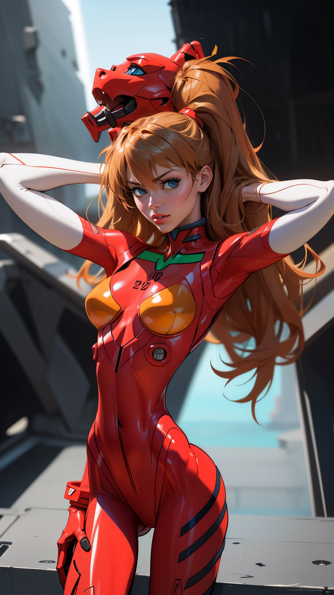 Asuka langley evangelion, a stunning young woman, arms up and hands behind head, trendy attire, realistic, super detail, ((masterpiece)), (cinematic lighting), ((dark lighting)), large perky breasts, huge thigh gap, thin body, lean body