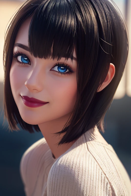 (masterpiece:1.3), (8k, photorealistic, RAW photo, best quality: 1.4), (1girl), beautiful face, (realistic face), (black hair, short hair:1.3), beautiful hairstyle, realistic eyes, beautiful detailed eyes, (realistic skin), beautiful skin, (sweater), absurdres, attractive, ultra high res, ultra realistic, highly detailed, golden ratio, blue eyes, short hair with bangs style bob, smile, lipstick black