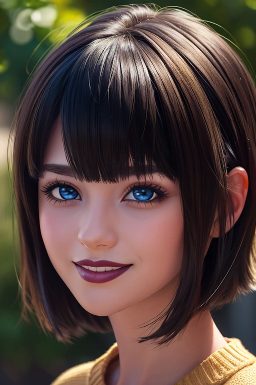 (masterpiece:1.3), (8k, photorealistic, RAW photo, best quality: 1.4), (1girl), beautiful face, (realistic face), (black hair, short hair:1.3), beautiful hairstyle, realistic eyes, beautiful detailed eyes, (realistic skin), beautiful skin, (sweater), absurdres, attractive, ultra high res, ultra realistic, highly detailed, golden ratio, blue eyes, short hair with bangs style bob, smile, lipstick black 