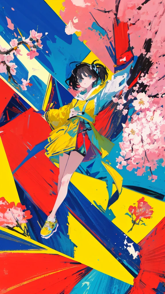(shape: giant gram), (flat color:0.9),(colorful:1.1),(masterpiece:1,2), highest quality, masterpiece, High resolution, original, highly detailed wallpaper, looking at the viewer,,,1 girl,alone,Basquiat style,cherry blossoms