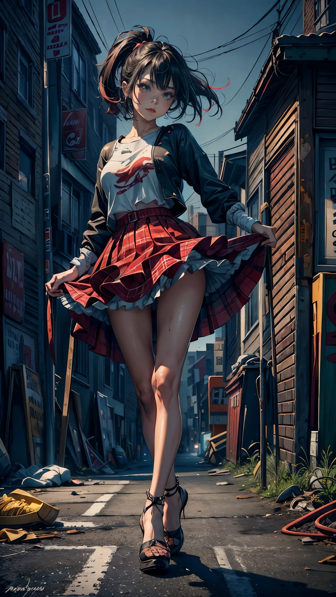((looking at the camera in:1.2)),(nearing perfection:1.4),dynamic,smooth private parts,Focus sharp,Lighting,Vibrant brushstrokes, bold colour,Be expressive, Emotional, offcial art,Unity8k wallpaper,ultra - detailed,Beautiful and beautiful,tmasterpiece,Best quality at best,1 girl,beautiful eyes,The content is very detailed,dynamic,(Ruffled skirt),(medium:1.3),Chaos in its most beautiful form,Elegant,designs,Vibrant colors,(Corner store,fleeing,the night,shoe),8k,