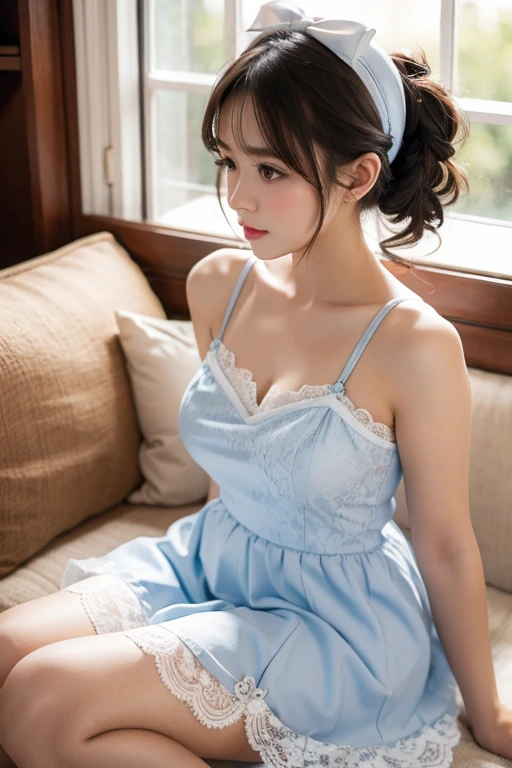 Sky blue lace dress，White suspender lace stockings，white high heels，Red bow headband，Exquisite face