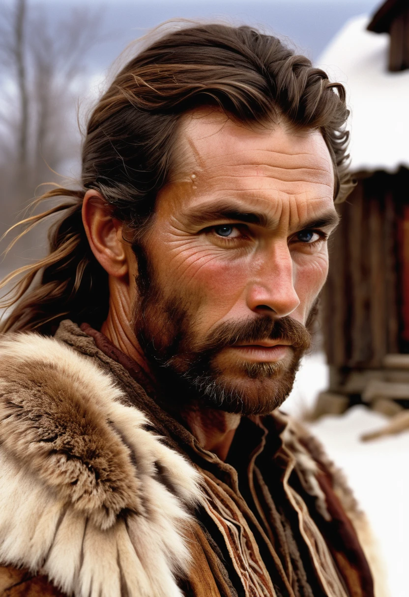 (highly detailed, soft light, detailed face, detailed skin, detailed eyes, photorealistic, dynamic light; cinematic); 1820's Canada; 35 years old man; German-Native American; 1820's fur hunter; leadership figure; natural dark-blue eyes; strikingly handsome; confident and intensely alluring; wild man aesthetic; defined cheekbones; defined strong jawline; longer chin; handsome face; strapping; tough but romantically interested expression; masculine face with several scars; charismatic; grizzled; sensual; strong aristocratic nose; manly passionate air; very attractive; burly broad stature; broad strong shoulders; ruddy weathered skin; long stubble beard; natural dark-blue eyes; thick strong chestnut-brown eyebrows; carefully-shaped 1820's sideburns; 1820's fur trader clothes; shoulder-length tousled chestnut-brown hair tied back; full firm masculine lips; standing in 1820's Red River Settlement with houses in winter; natural dark-blue eyes; looking at camera