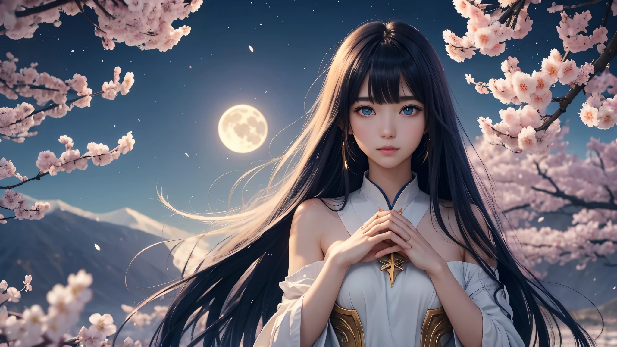 8K、Super high quality、anime、（A very beautiful female character with perfect eyes and nose）、（（Beautiful clear blue eyes））、Beautiful long hair、messy bangs、Depiction of the upper body、（（praying pose））、（（Wearing a golden outfit））、（I&#39;m doing rune fortune telling）、Mysterious Space、（（six pointed star））、（（facing forward））、（（（I&#39;m looking here）））、A beautiful full moon can be seen in the night sky、Surround her with a beautiful cherry blossom blizzard and colorful forest
