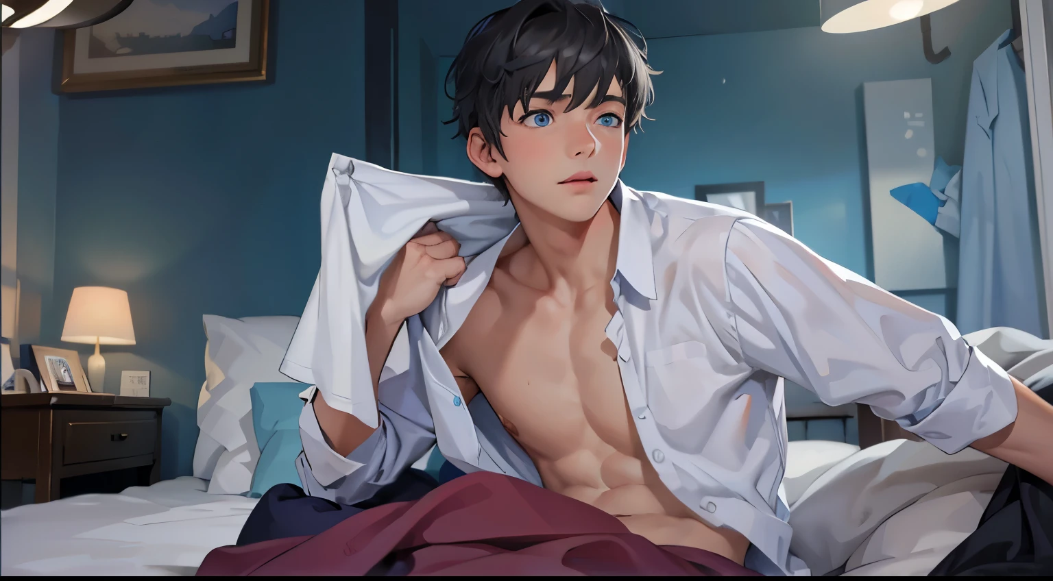cute 16 year old boy blue eyes gray hair he is getting dressed sitting on the bed he just got up he is a little scared surprised he is talking to someone