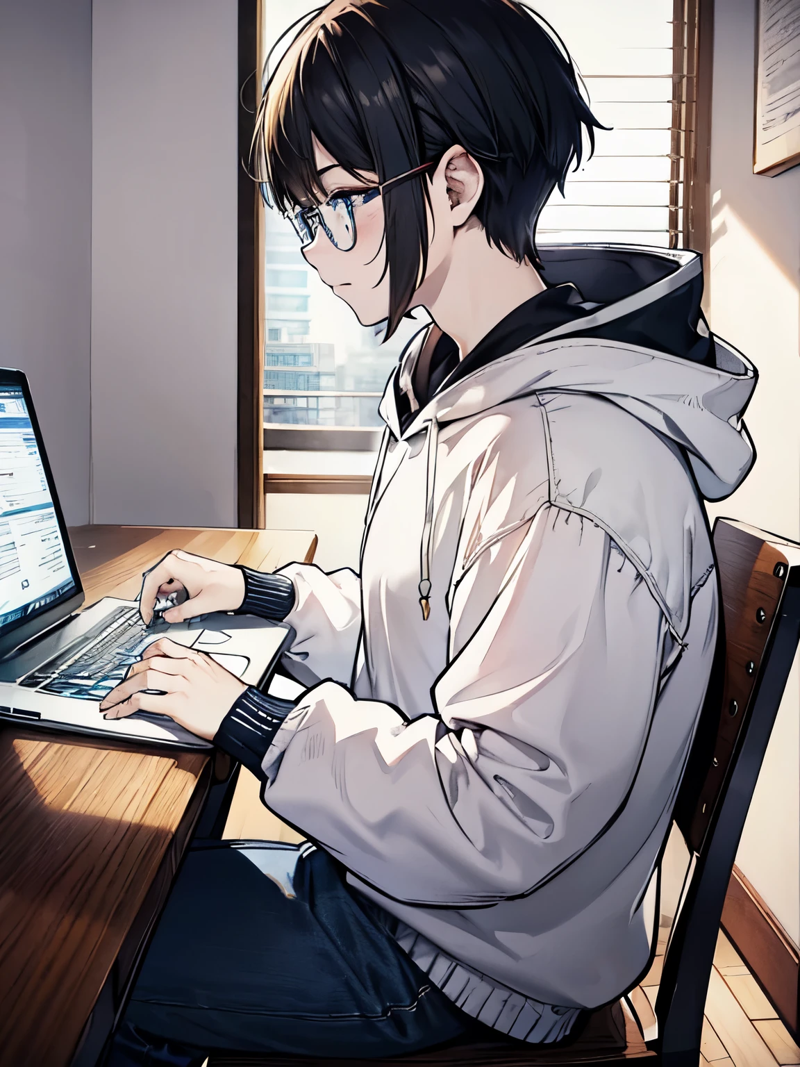 (masterpiece),(Highest image quality),top quality,(extremely detailed),4K,(8K), detailed and beautiful eyes, Highest image quality,(beautiful),more campbell,1 boy,18 years old,solo,white background,black hair,short hair,under-rim glasses,wearing gray hoodie,stoop,looking away,Sitting and typing on a computer keyboard.,from side