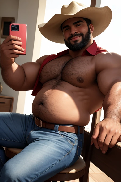 homem alto e bear com uma barba grossa e viril, with a striking appearance. Teria cabelos escuros e bem arrumados, a beautiful smile that expresses confidence and charm. Meu olhar seria intenso, penetrante, capaz de despertar desejos profundos, peito seria largo e peludo, that exude masculinity and strength, big arms, barriga levemente chubby e peluda, pele marrom bronzeada, oil skin, cowboy clothes, jeans clothes, cowboy light hat, olhos meio puxados, maos grandes, big ass, (big and large legs), belly chubby, chubby, camisa de botoes aberta no peito, ((big and large ass)), ((bust zoom view selfie)), ((retrato de cima pra baixo)), (((selfie view))), ((((close-up view))))