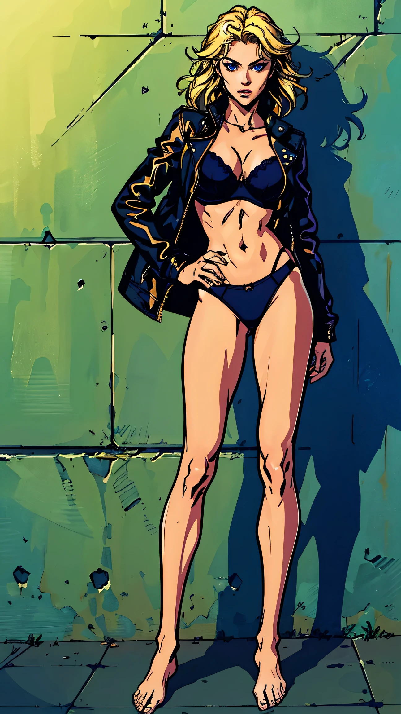 ((Masterpiece)), ((best quality)), very detailed, Detailed background, 1 woman, messy blonde hair , sly face , naked , Slim-fit leather jacket , abdomen, big breasts , underwear , Put your hands on your hips.. , Long legs , Barefoot , wall