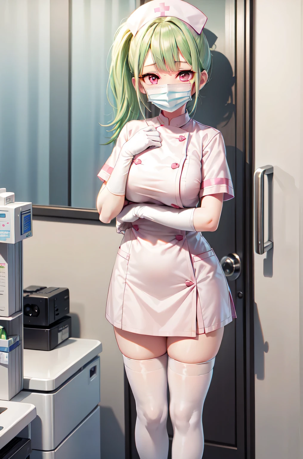 1girl, solo, nurse, nurse cap, white nurse uniform, ((white legwear, zettai ryouiki)), white gloves, ponytail, green hair, pink eyes, ((white surgical mask, covered nose)), standing, ((hospital room)), sharp outline, short sleeves, best quality, masterpiece