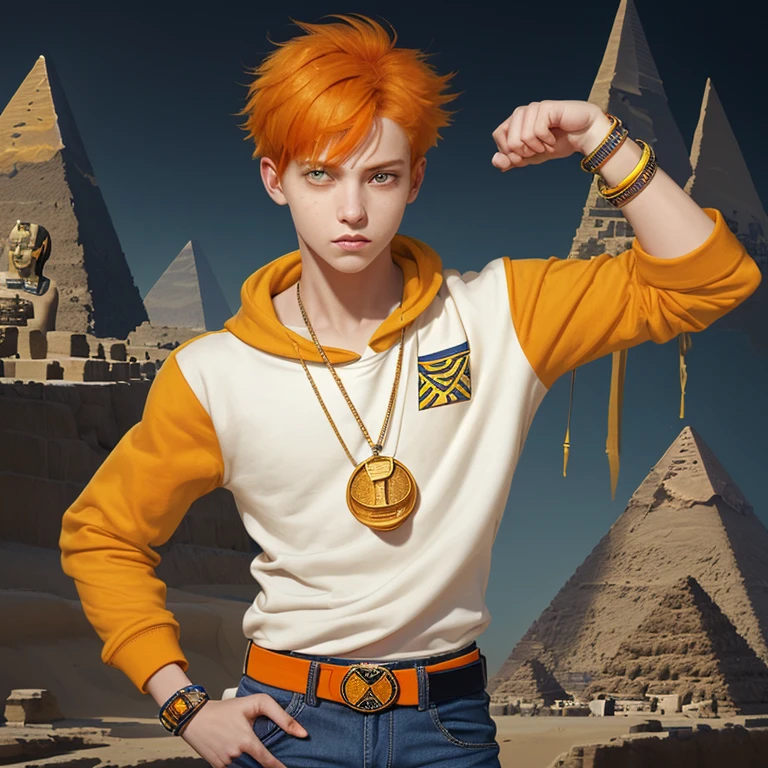 A boy with orange hair, a white open sweatshirt with yellow edges, blue jeans, a shirt with an orange skull, a slim muscular complexion, a yellow belt with an eye of Ra charm, a pyramid medal, an Egyptian scarab bracelet in his hand, holding an Egyptian stone.